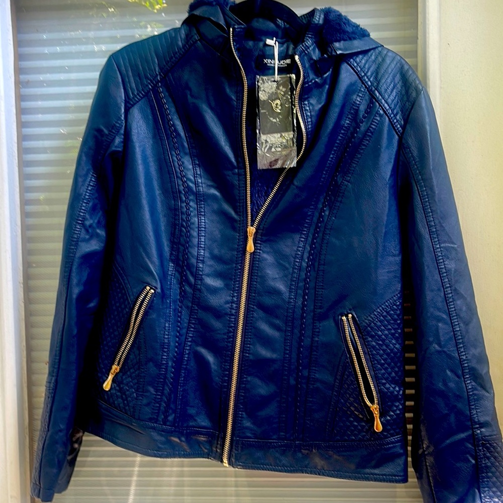 Vegan leather beautiful jacket with faux fur liner and detachable hoodie